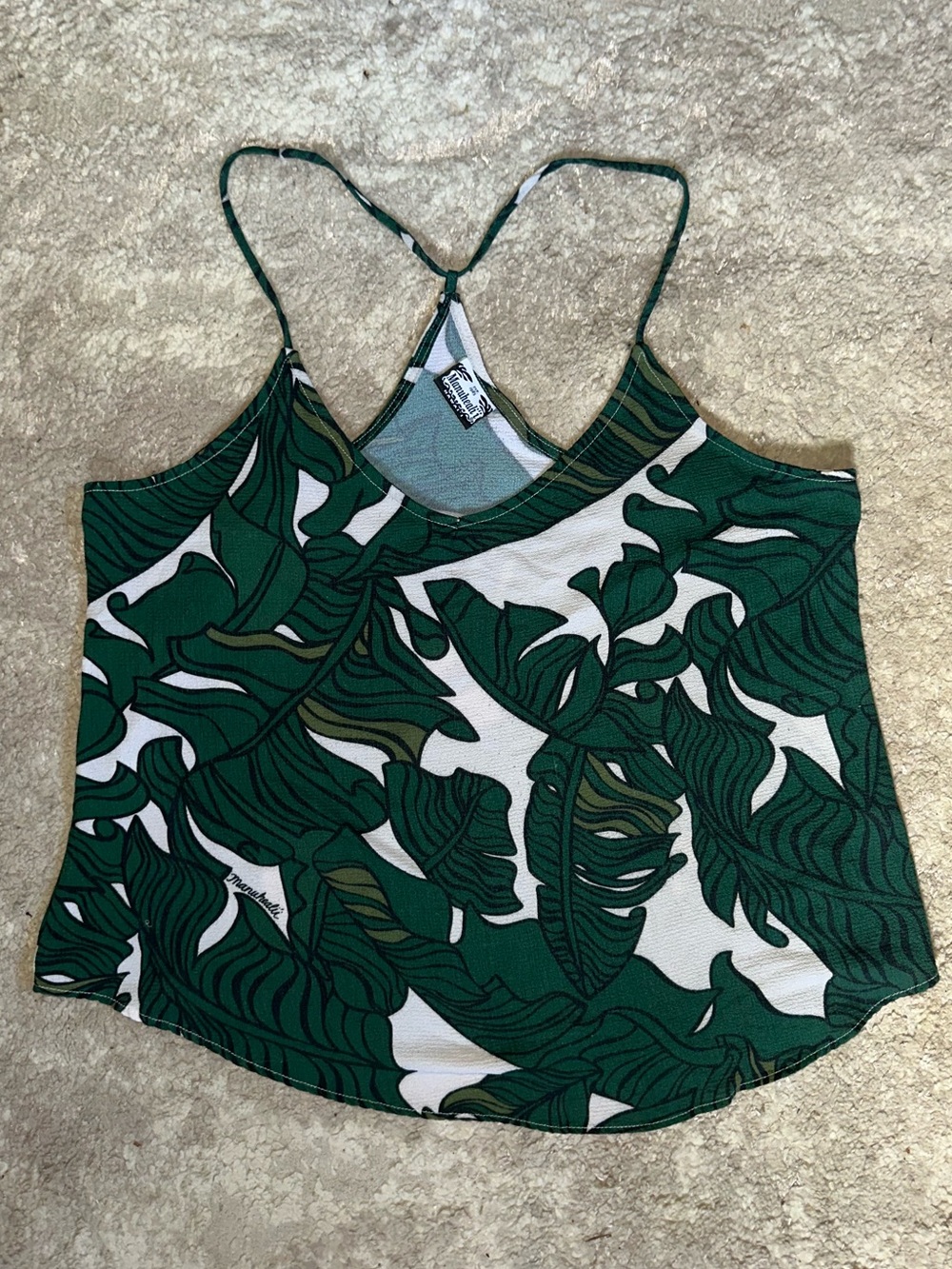 Manuhealii Green and White Tropical Leaf Print Racerback Camisole